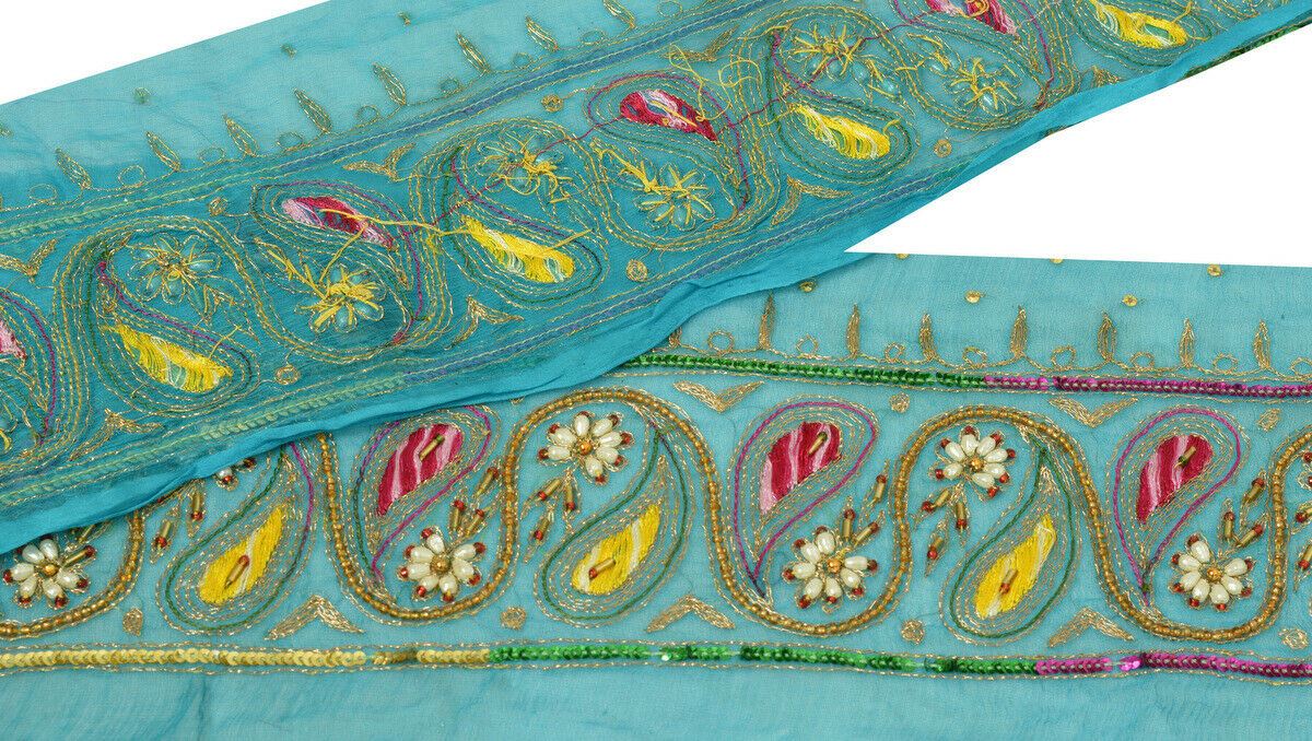 Antique Vintage Saree Border Indian Craft Trim Hand Beaded Pearl Blue Ribbon