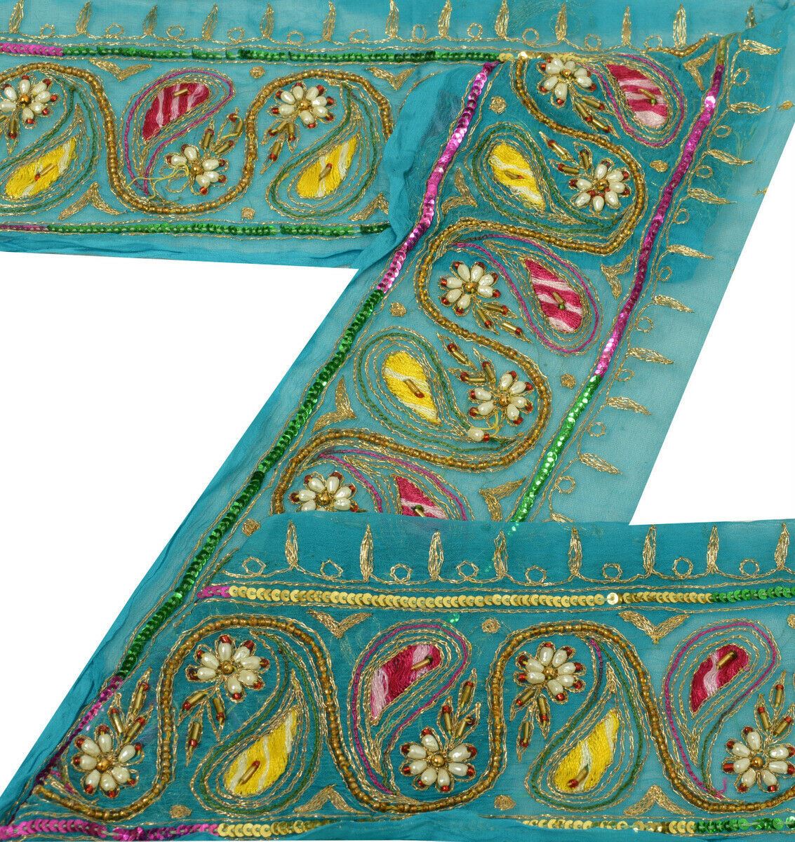 Antique Vintage Saree Border Indian Craft Trim Hand Beaded Pearl Blue Ribbon