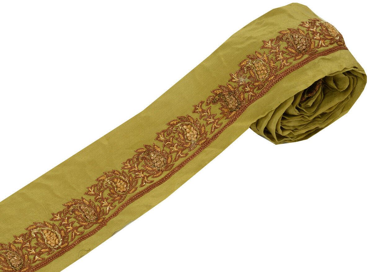 Antique Vintage Saree Border Indian Craft Trim Embroidered Beaded Green Ribbon
