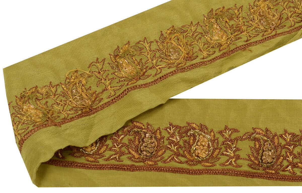 Antique Vintage Saree Border Indian Craft Trim Embroidered Beaded Green Ribbon