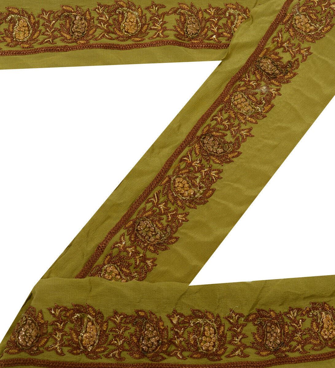 Antique Vintage Saree Border Indian Craft Trim Embroidered Beaded Green Ribbon