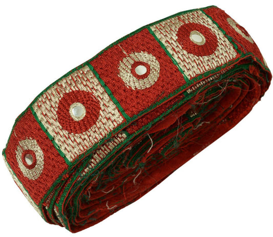 Antique Vtg Saree Border Indian Craft Trim Embroidered Mirror Work Ribbon Lace