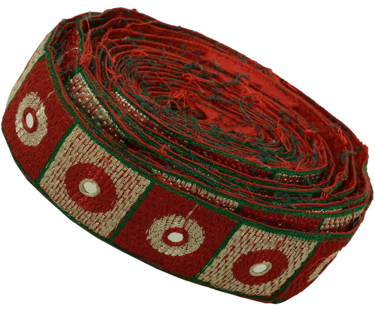 Antique Vtg Saree Border Indian Craft Trim Embroidered Mirror Work Ribbon Lace