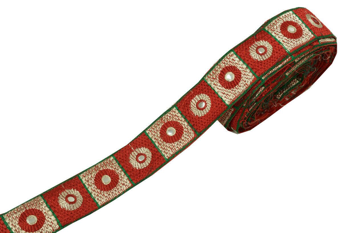 Antique Vtg Saree Border Indian Craft Trim Embroidered Mirror Work Ribbon Lace