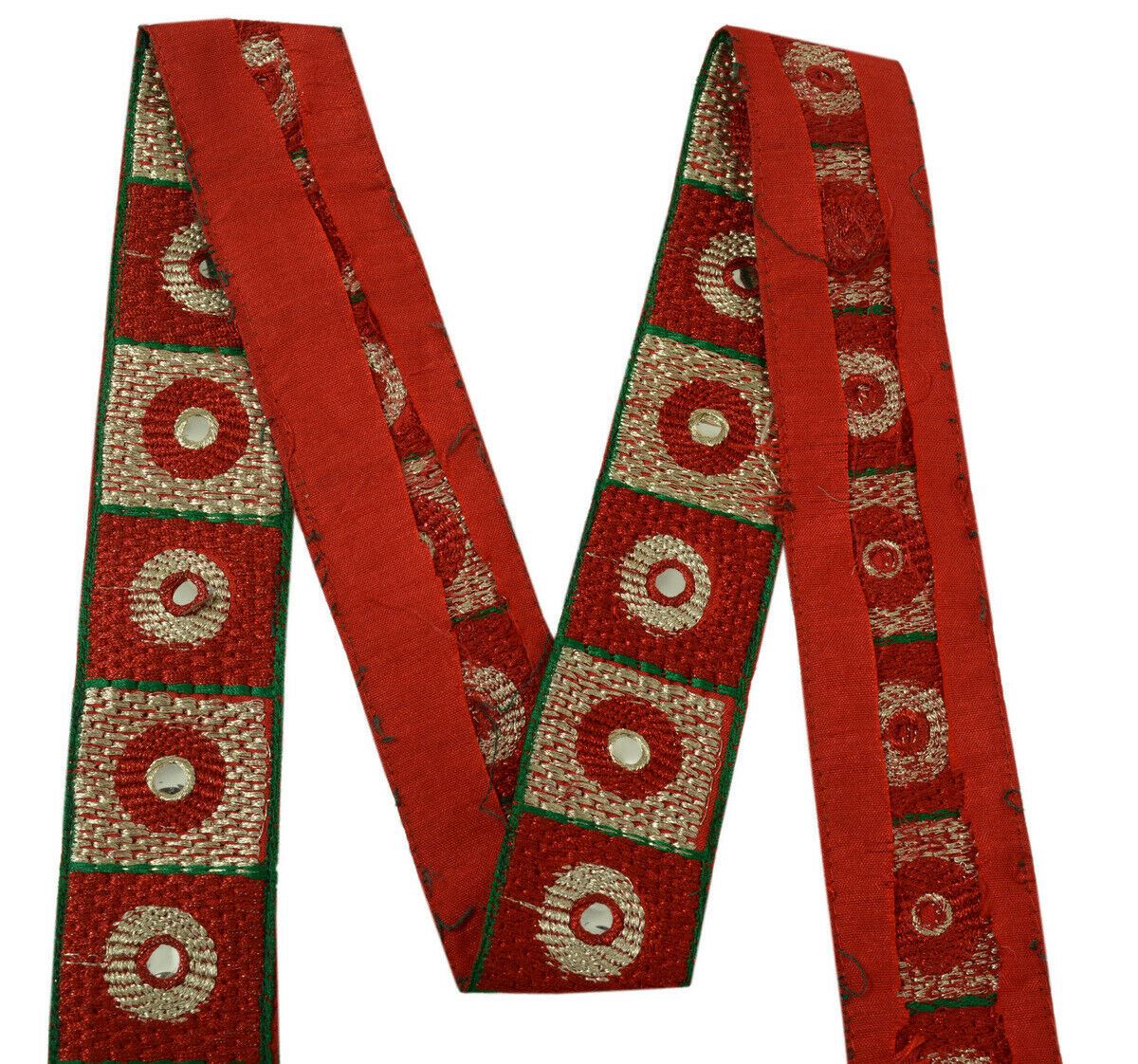 Antique Vtg Saree Border Indian Craft Trim Embroidered Mirror Work Ribbon Lace