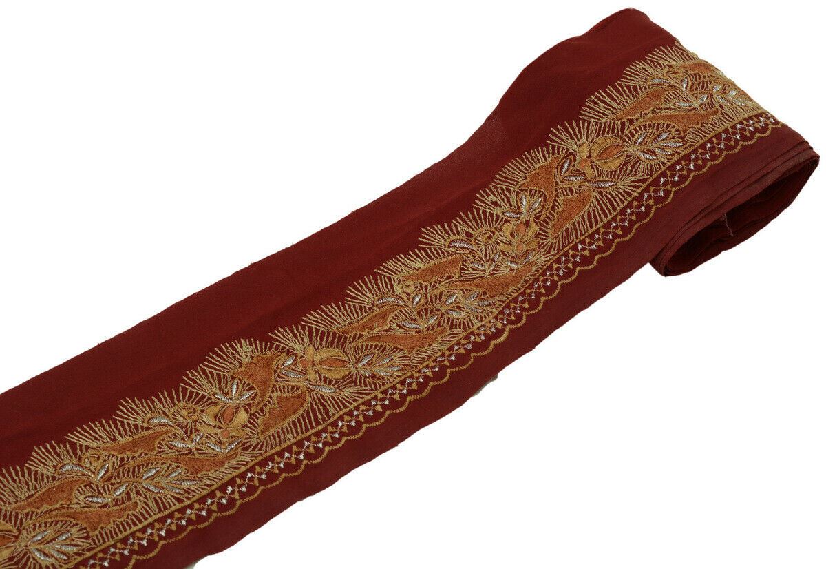 Antique Vintage Saree Border Indian Craft Trim Embroidered Floral Ribbon Maroon