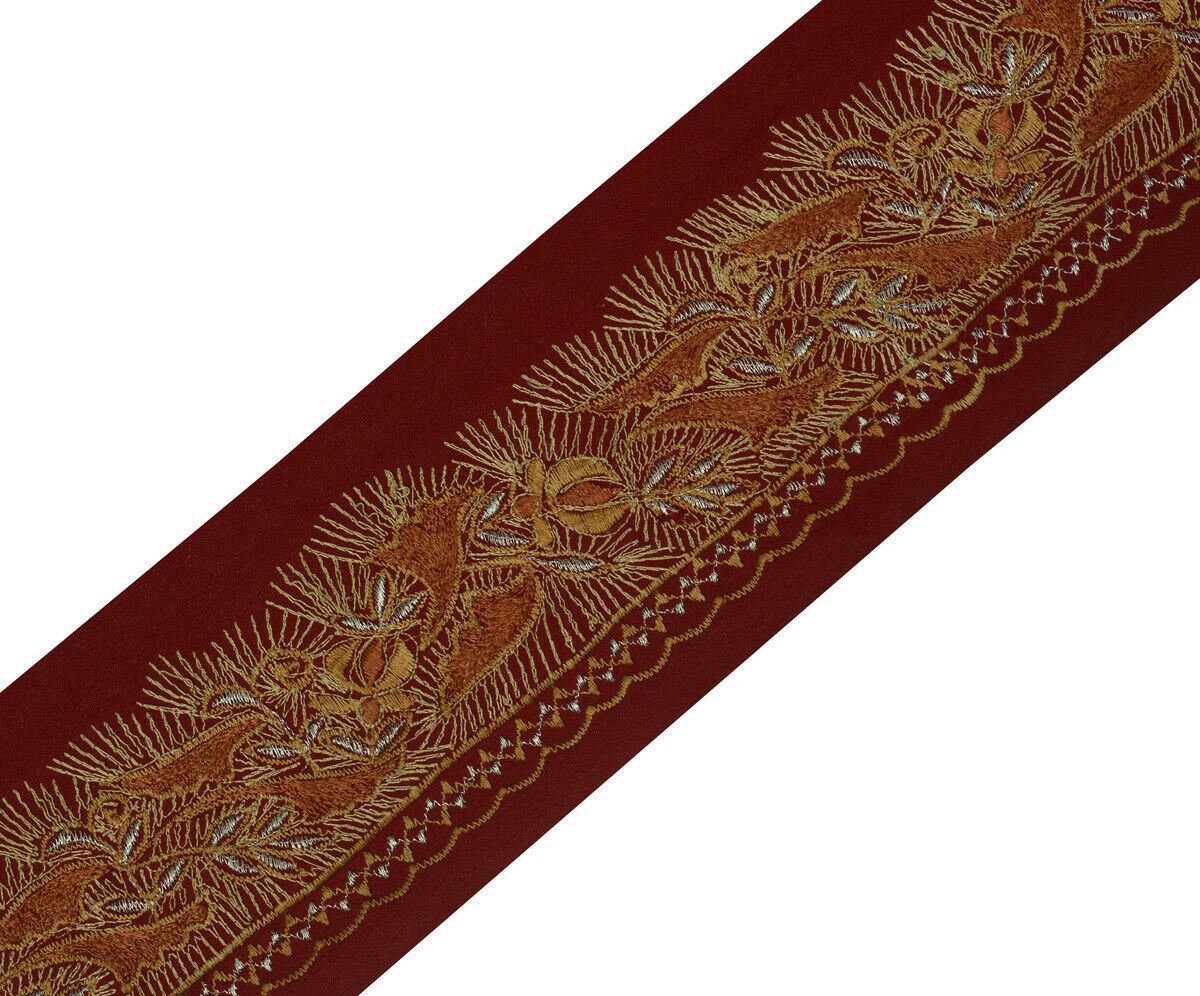 Antique Vintage Saree Border Indian Craft Trim Embroidered Floral Ribbon Maroon