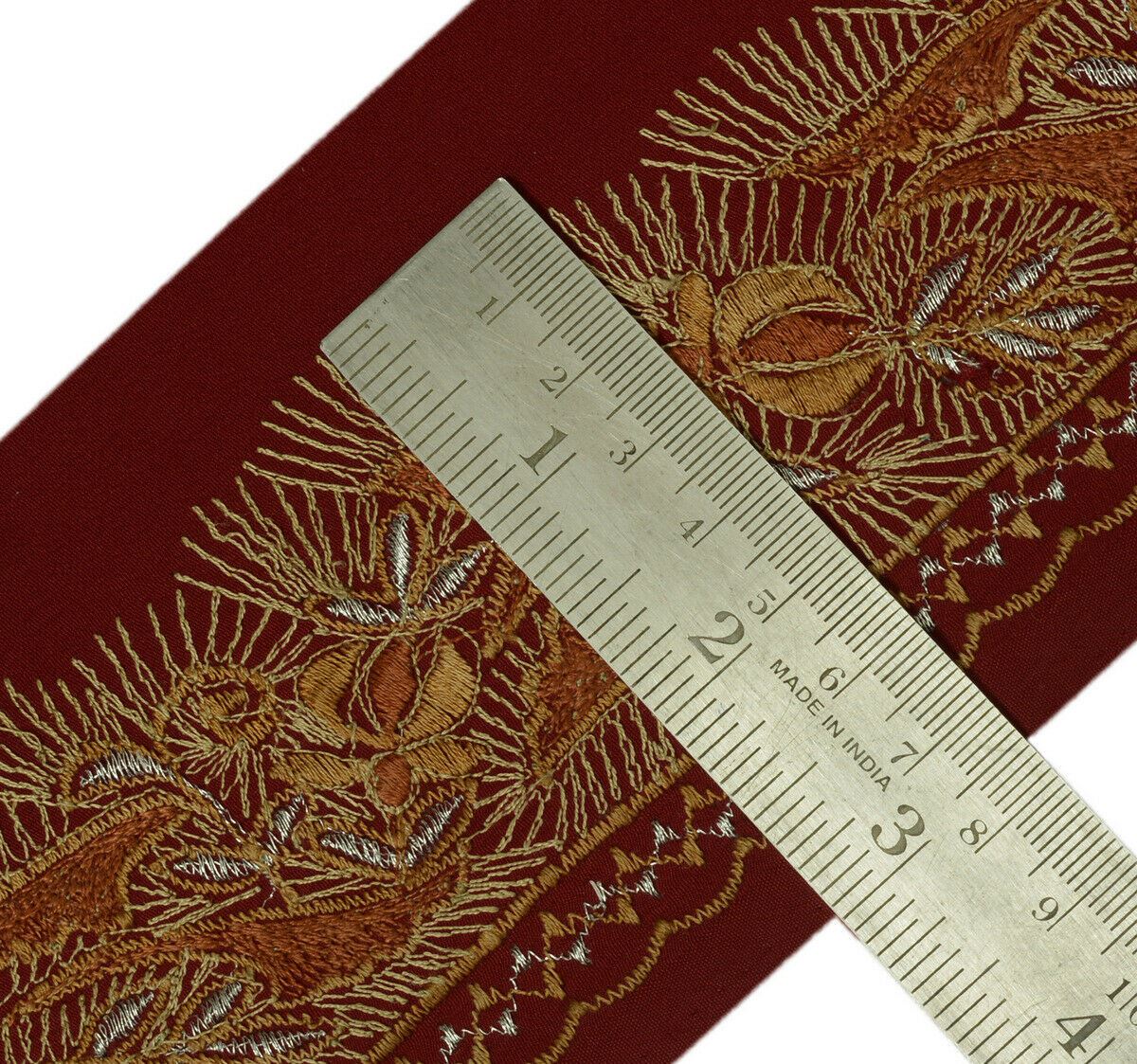 Antique Vintage Saree Border Indian Craft Trim Embroidered Floral Ribbon Maroon