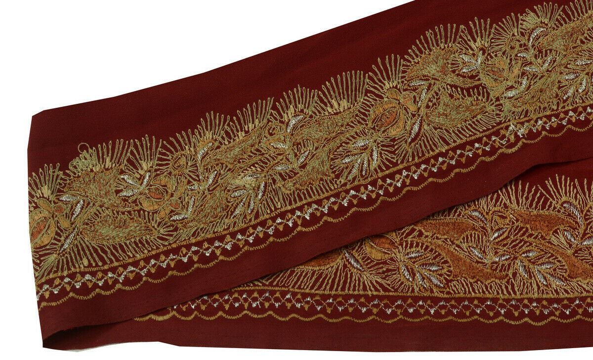 Antique Vintage Saree Border Indian Craft Trim Embroidered Floral Ribbon Maroon