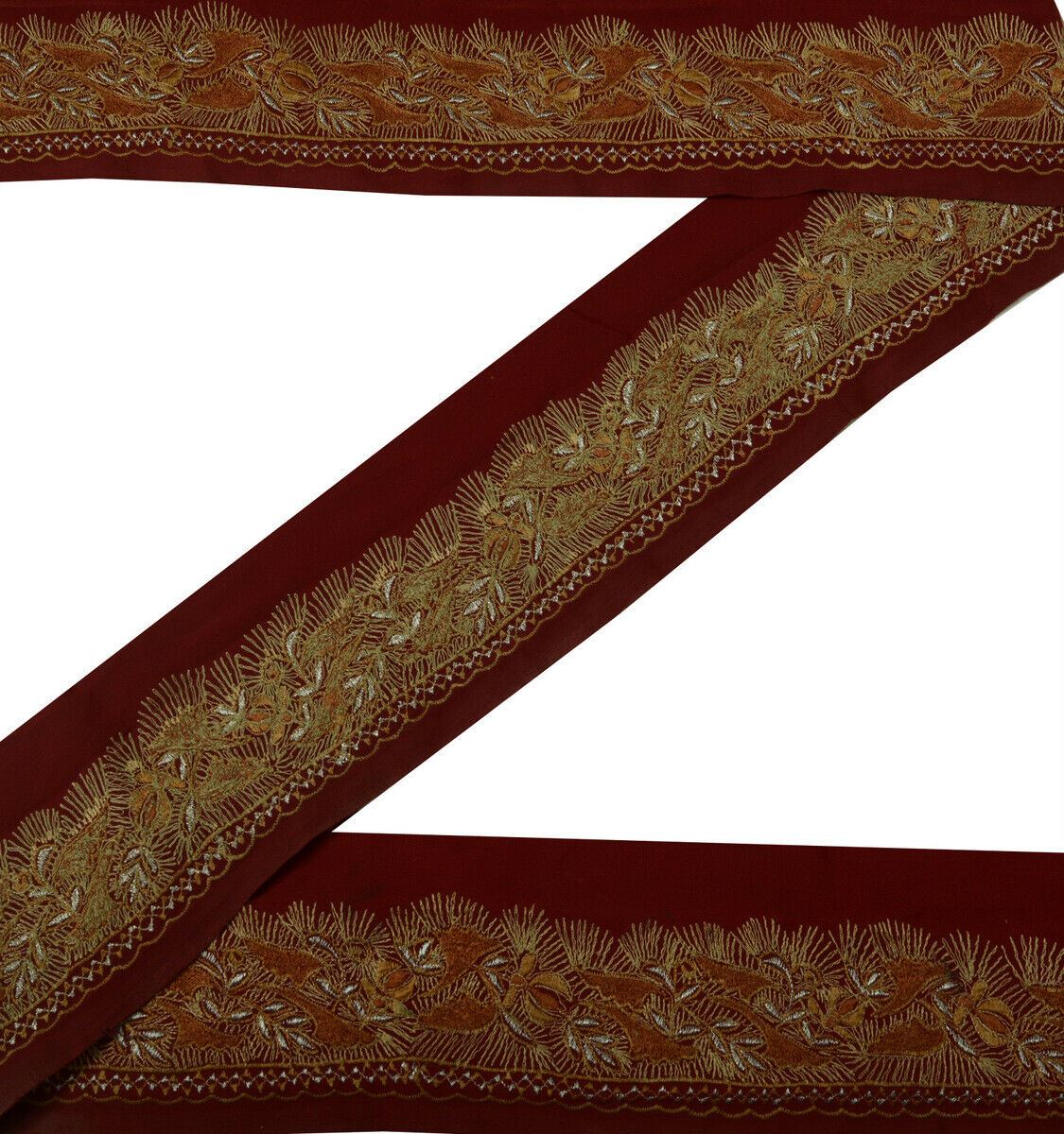 Antique Vintage Saree Border Indian Craft Trim Embroidered Floral Ribbon Maroon