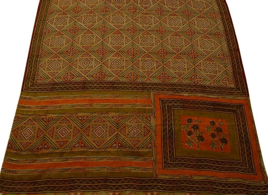 Vintage Indian Saree 100% Pure Crepe Silk Printed Soft Scrap Fabric for Craft
