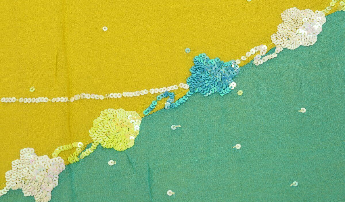 Vtg Saree Sequins Embroidered Georgette Pach Sari Scrap Fabric for Craft Green