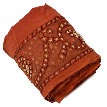Antique Vtg Saree Border Indian Craft Trim Hand Beaded Net Fabric Ribbon Rust