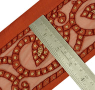 Antique Vtg Saree Border Indian Craft Trim Hand Beaded Net Fabric Ribbon Rust
