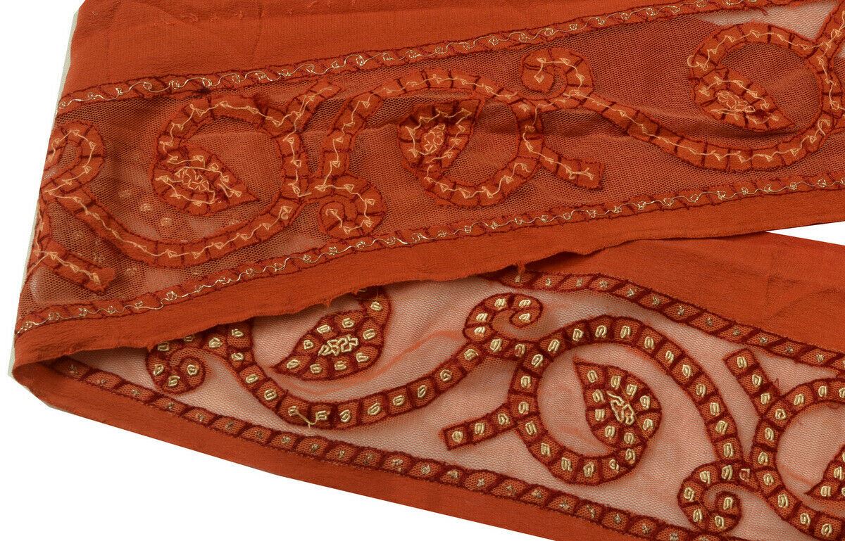 Antique Vtg Saree Border Indian Craft Trim Hand Beaded Net Fabric Ribbon Rust