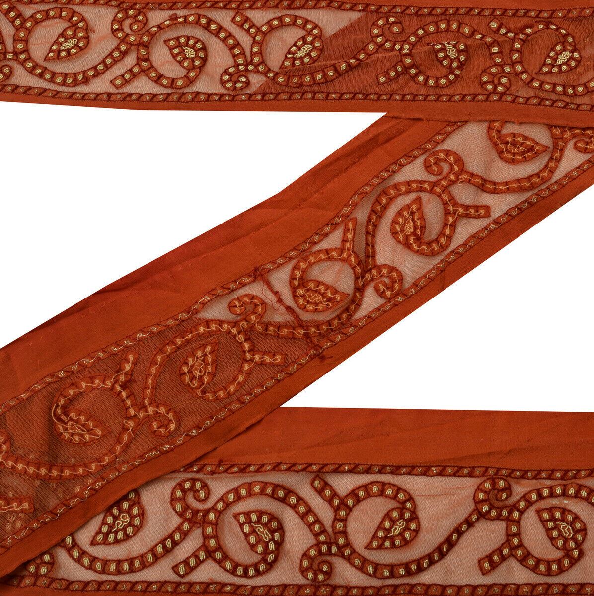 Antique Vtg Saree Border Indian Craft Trim Hand Beaded Net Fabric Ribbon Rust