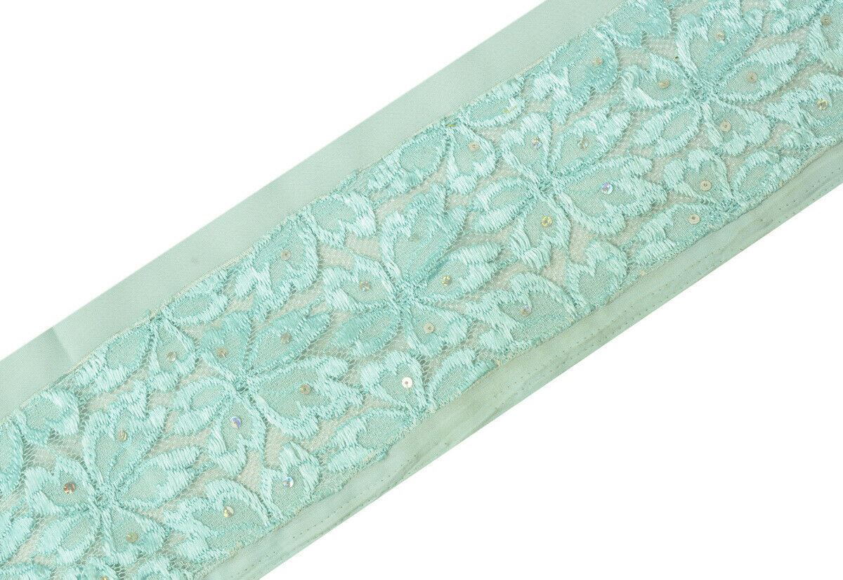 Antique Vintage Saree Border Indian Craft Trim Embroidered Net Ribbon Blue Lace