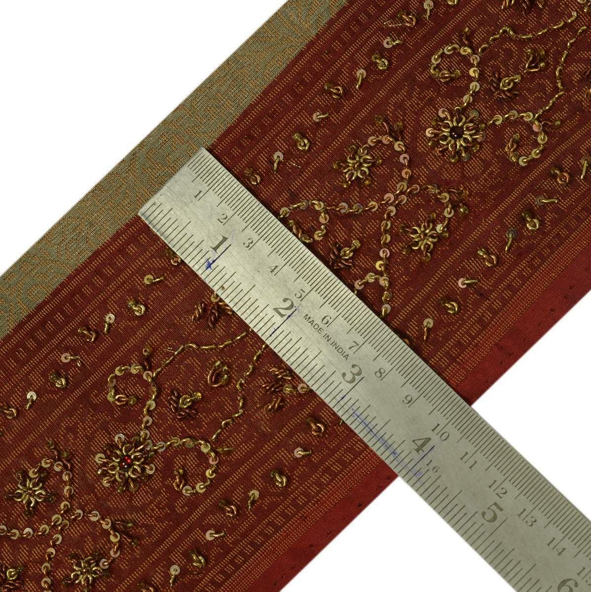 Vintage Sari Border Indian Craft Trim Woven Hand Beaded Maroon Lace Ribbon