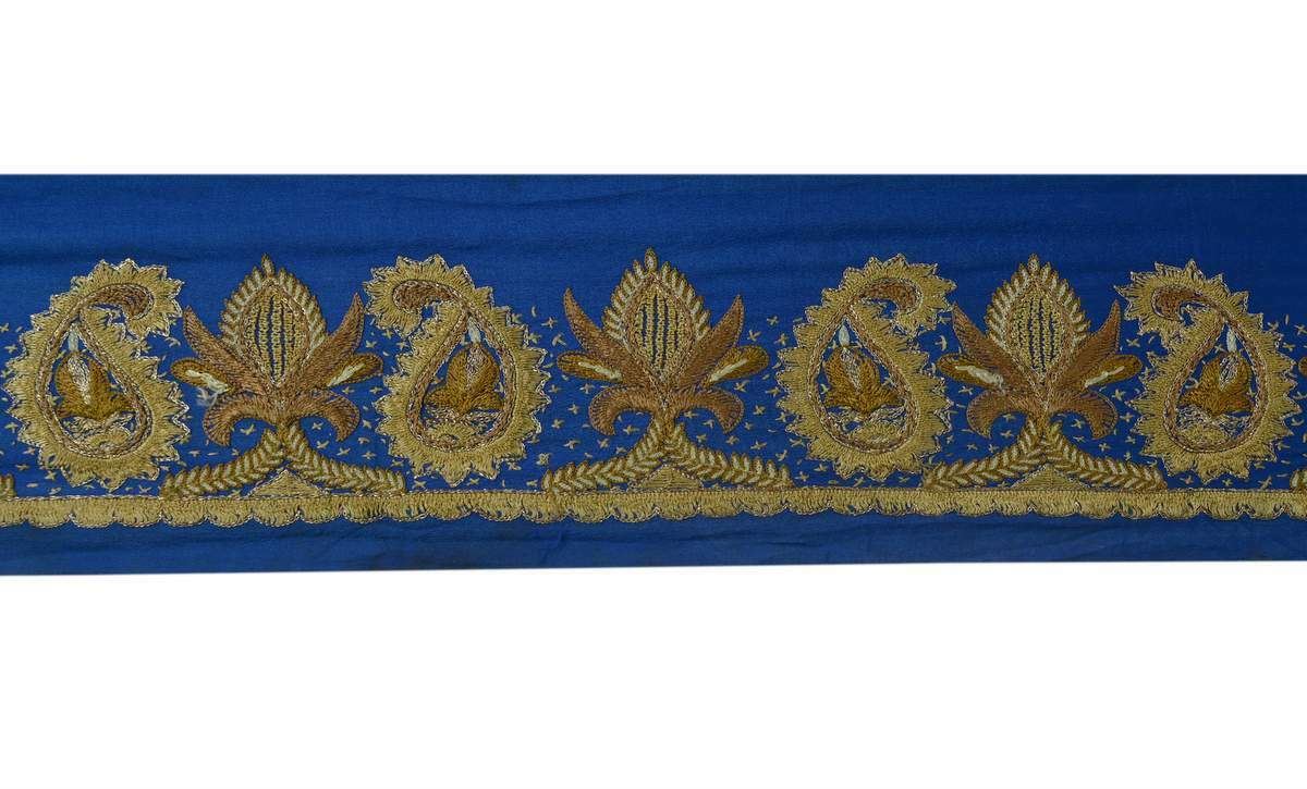 Antique Vintage Sari Border India Craft Trim Embroidred Pailsey Blue Lace Ribbon