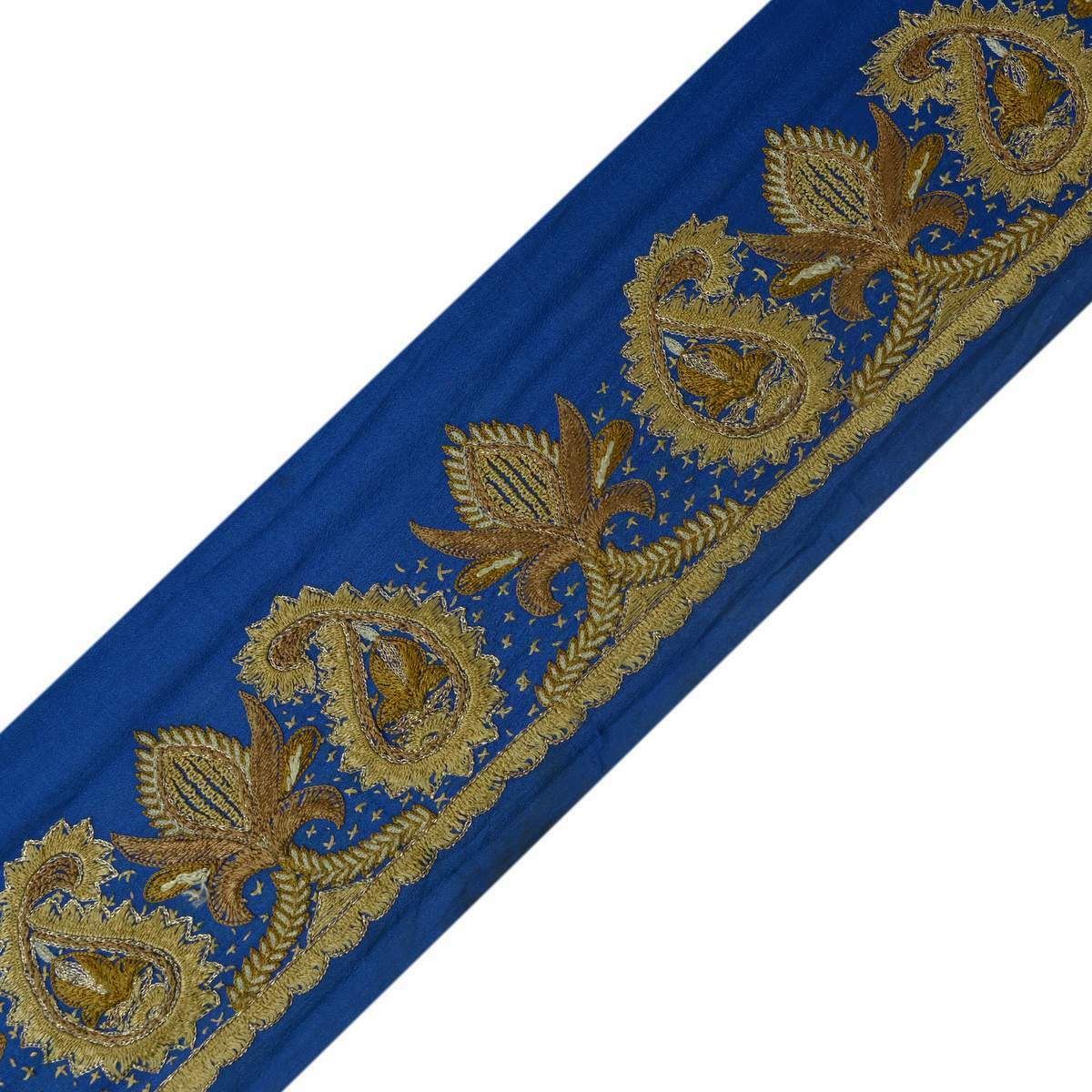 Antique Vintage Sari Border India Craft Trim Embroidred Pailsey Blue Lace Ribbon