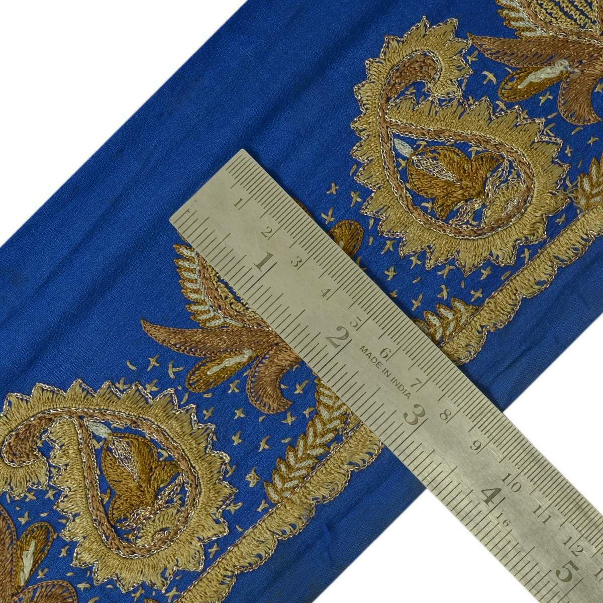 Antique Vintage Sari Border India Craft Trim Embroidred Pailsey Blue Lace Ribbon