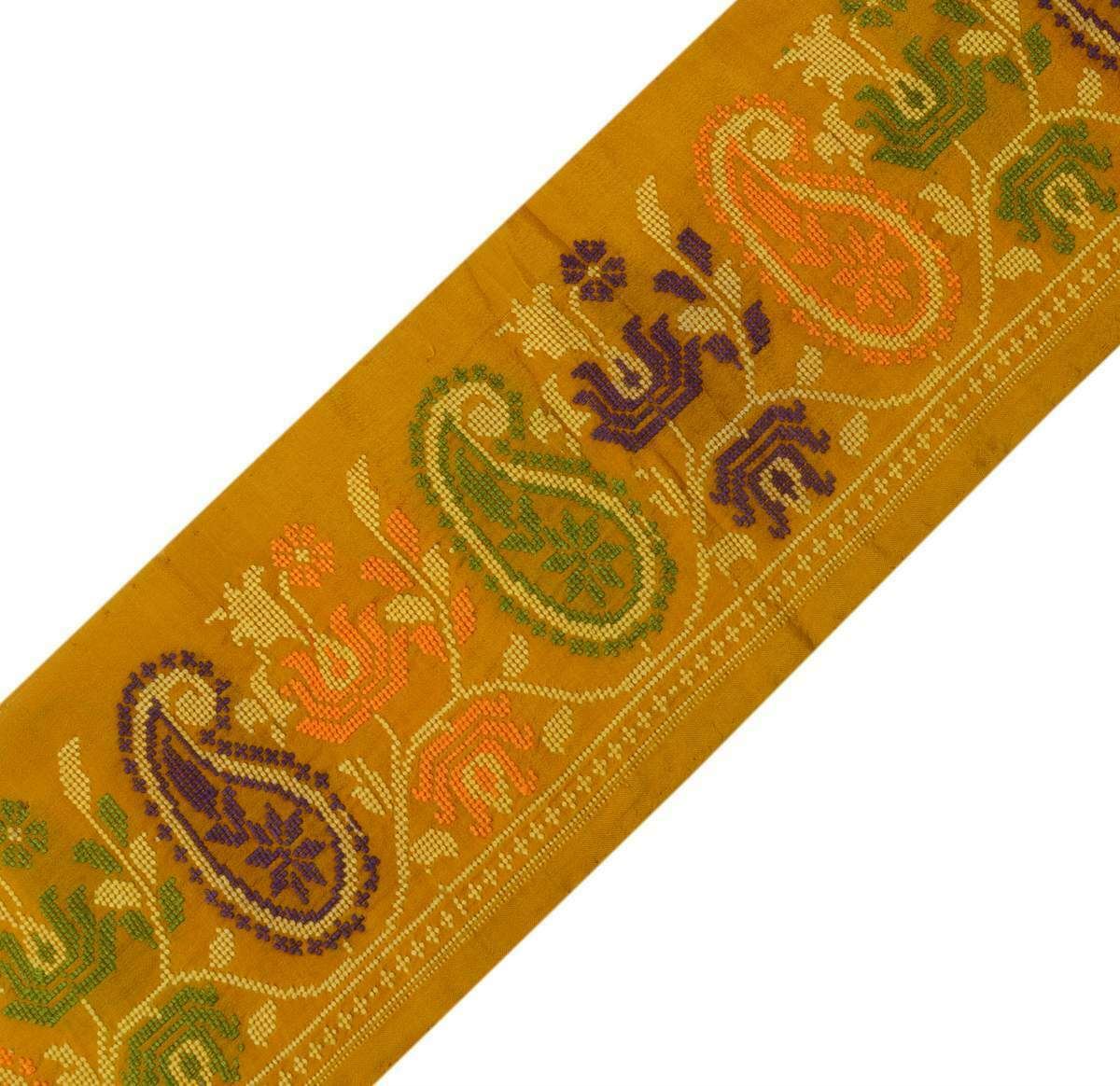 Antique Vintage Sari Border Indian Craft Trim Woven Paisley Saffron Lace Ribbon