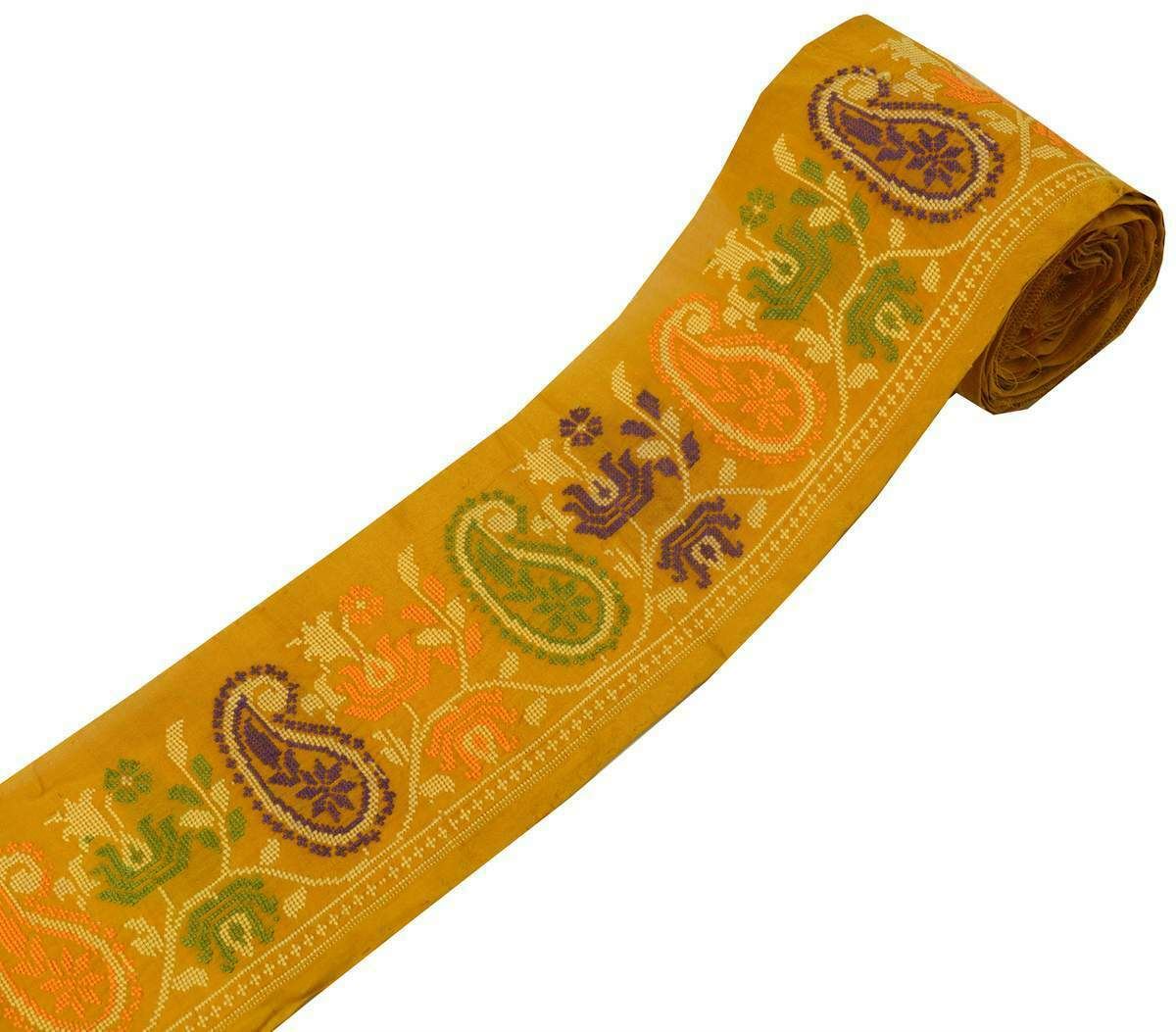 Antique Vintage Sari Border Indian Craft Trim Woven Paisley Saffron Lace Ribbon