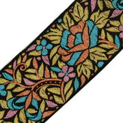 Antique Vtg Sari Border Indian Craft Trim Multi Color Thread Woven Black Lace
