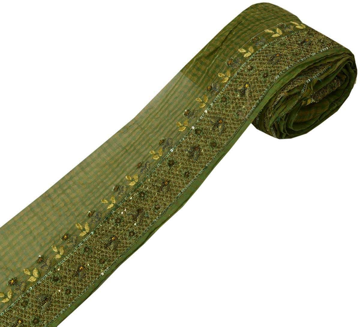Vintage Sari Border Indian Craft Trim Hand Beaded Embroidered Gren Lace Ribbon