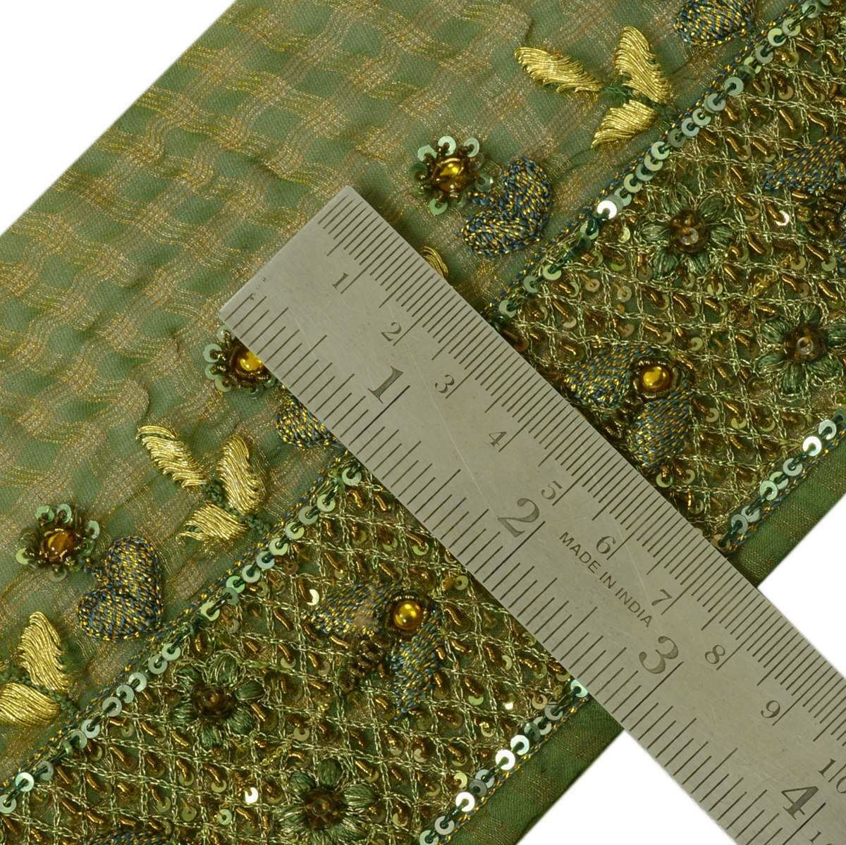 Vintage Sari Border Indian Craft Trim Hand Beaded Embroidered Gren Lace Ribbon