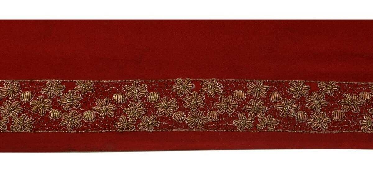 Vintage Sari Border Indian Craft Trim Hand Beaded Embroidered Maroon Lace Ribbon