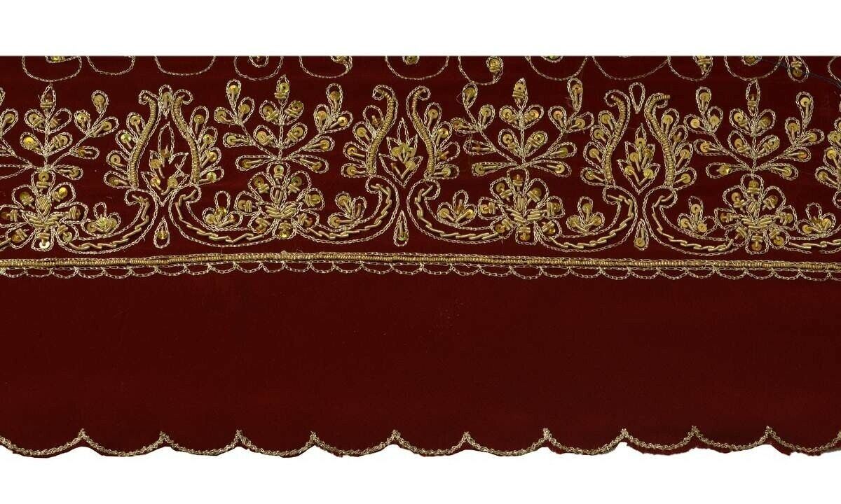 Vintage Sari Border Indian Craft Trim Hand Beaded Embroidered Maroon Lace Ribbon