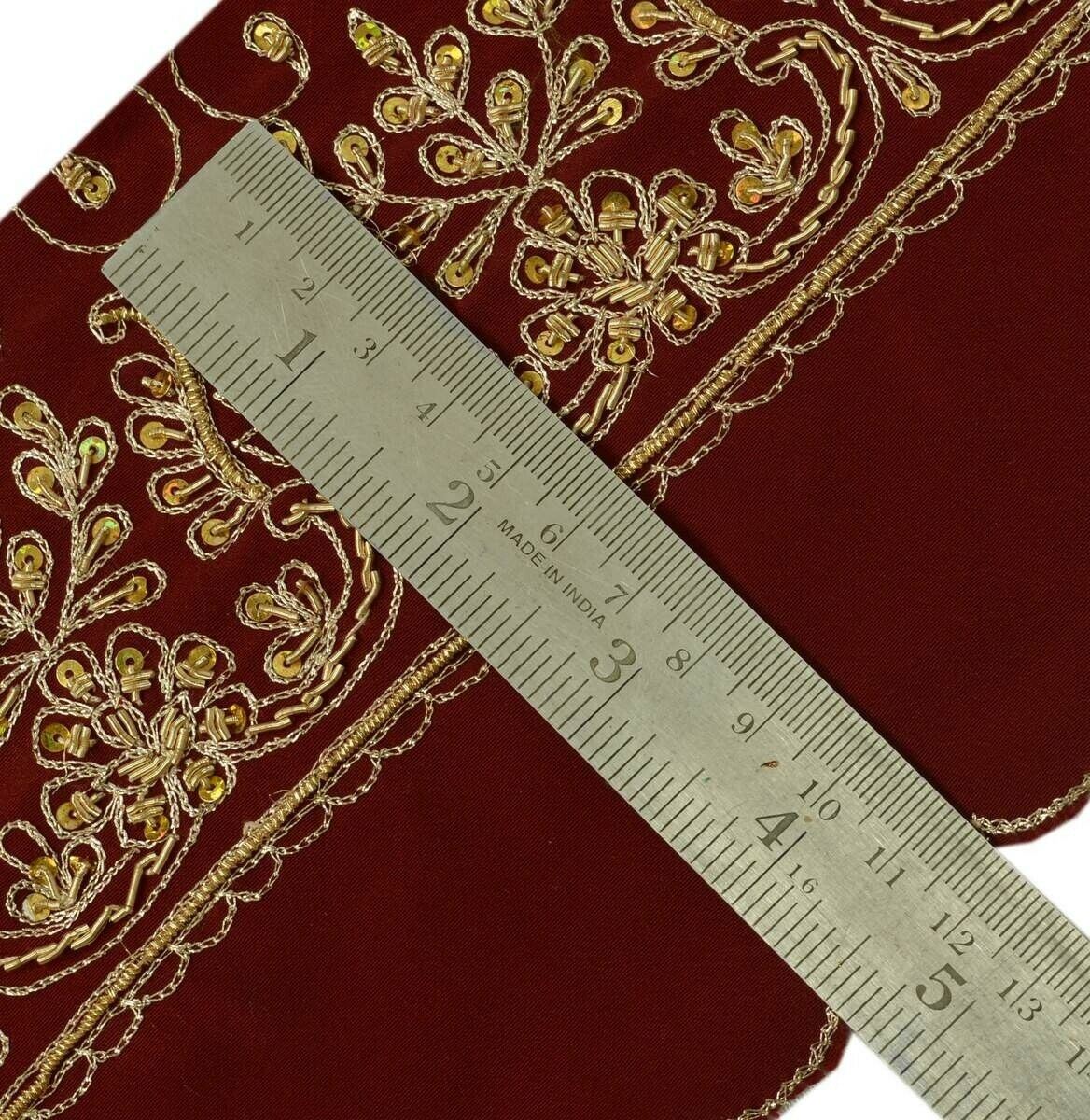 Vintage Sari Border Indian Craft Trim Hand Beaded Embroidered Maroon Lace Ribbon