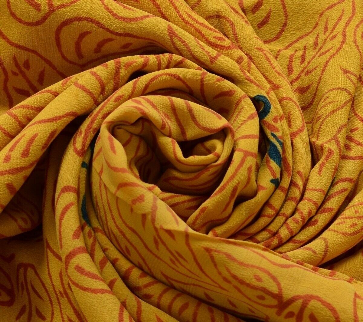 Vintage Saree 100% Pure Crepe Silk Printed Scrap Sari Fabric for Craft Mustard