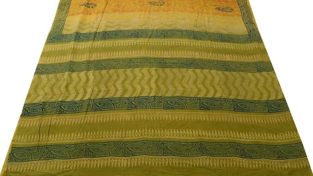 Vintage Saree 100% Pure Crepe Silk Printed Scrap Sari Fabric for Craft Mustard