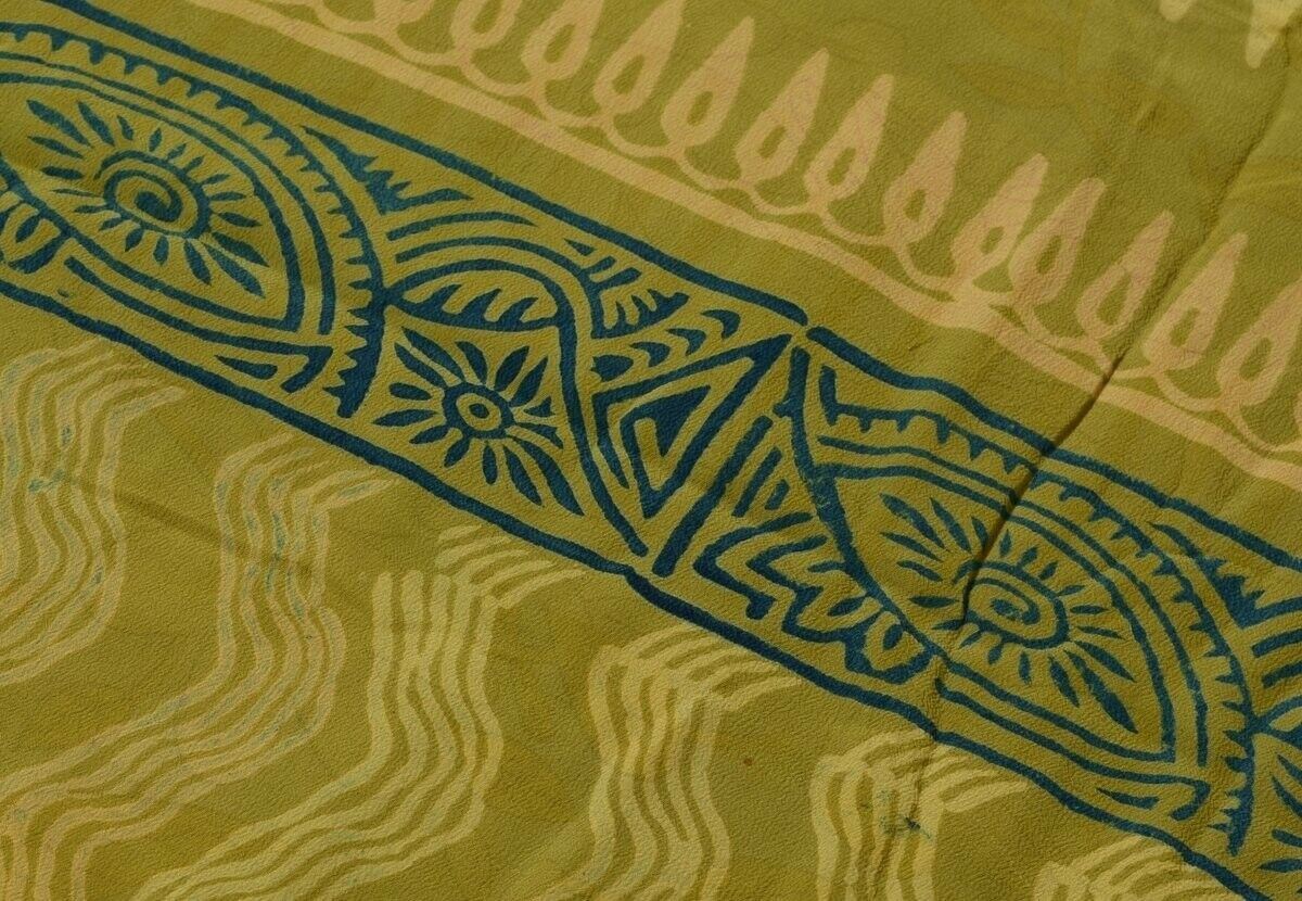 Vintage Saree 100% Pure Crepe Silk Printed Scrap Sari Fabric for Craft Mustard
