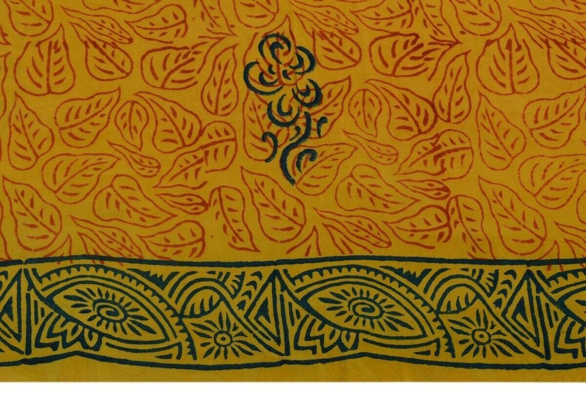 Vintage Saree 100% Pure Crepe Silk Printed Scrap Sari Fabric for Craft Mustard
