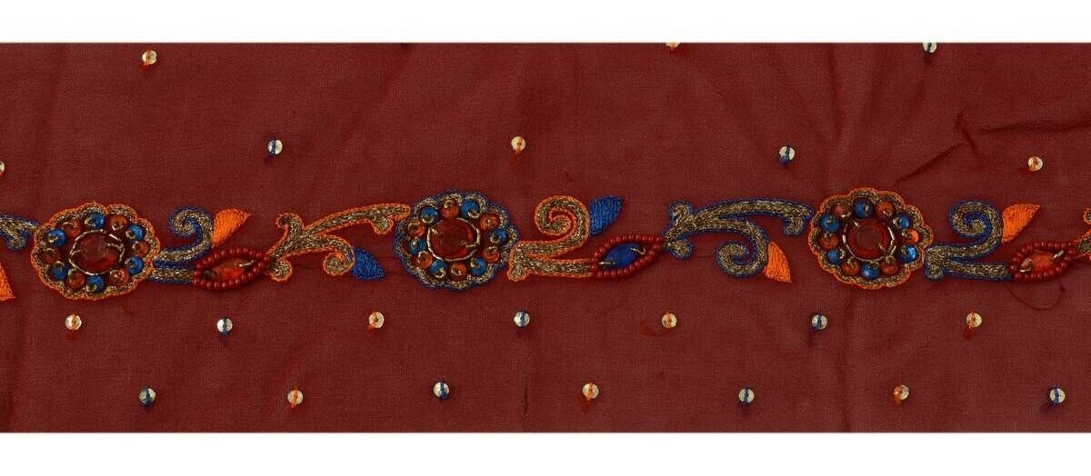 Vintage Sari Border Indian Craft Trim Hand Beaded Embroidered Maroon Lace Ribbon