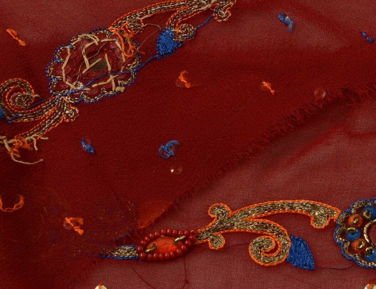 Vintage Sari Border Indian Craft Trim Hand Beaded Embroidered Maroon Lace Ribbon