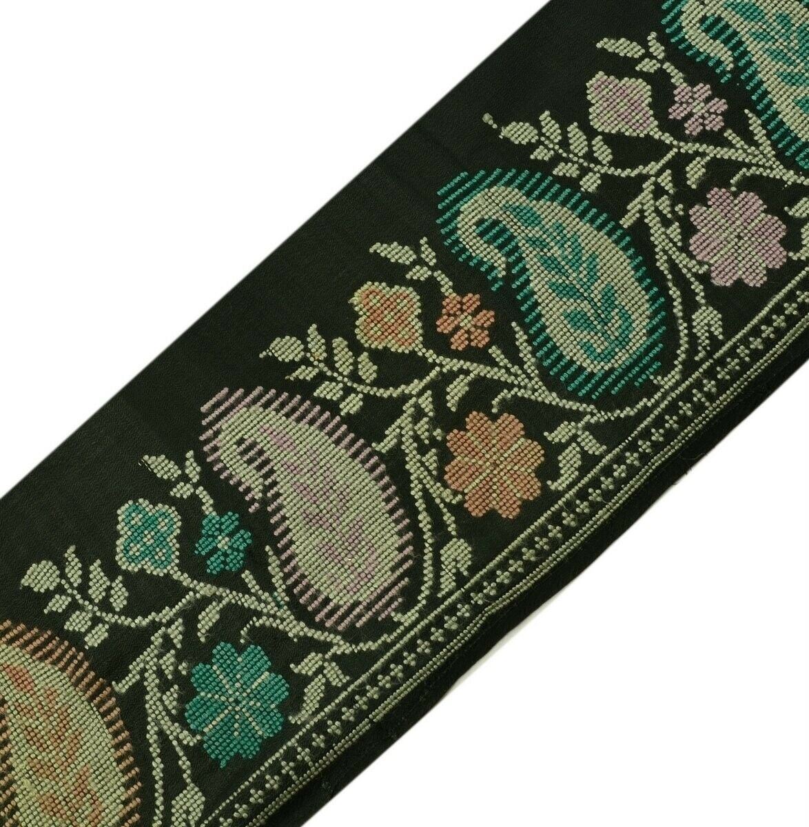 Vintage Sari Border Indian Craft Trim Woven Paisley Pure Silk Black Ribbon Lace