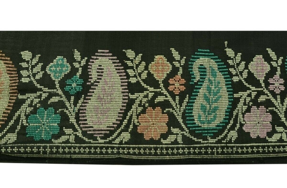 Vintage Sari Border Indian Craft Trim Woven Paisley Pure Silk Black Ribbon Lace
