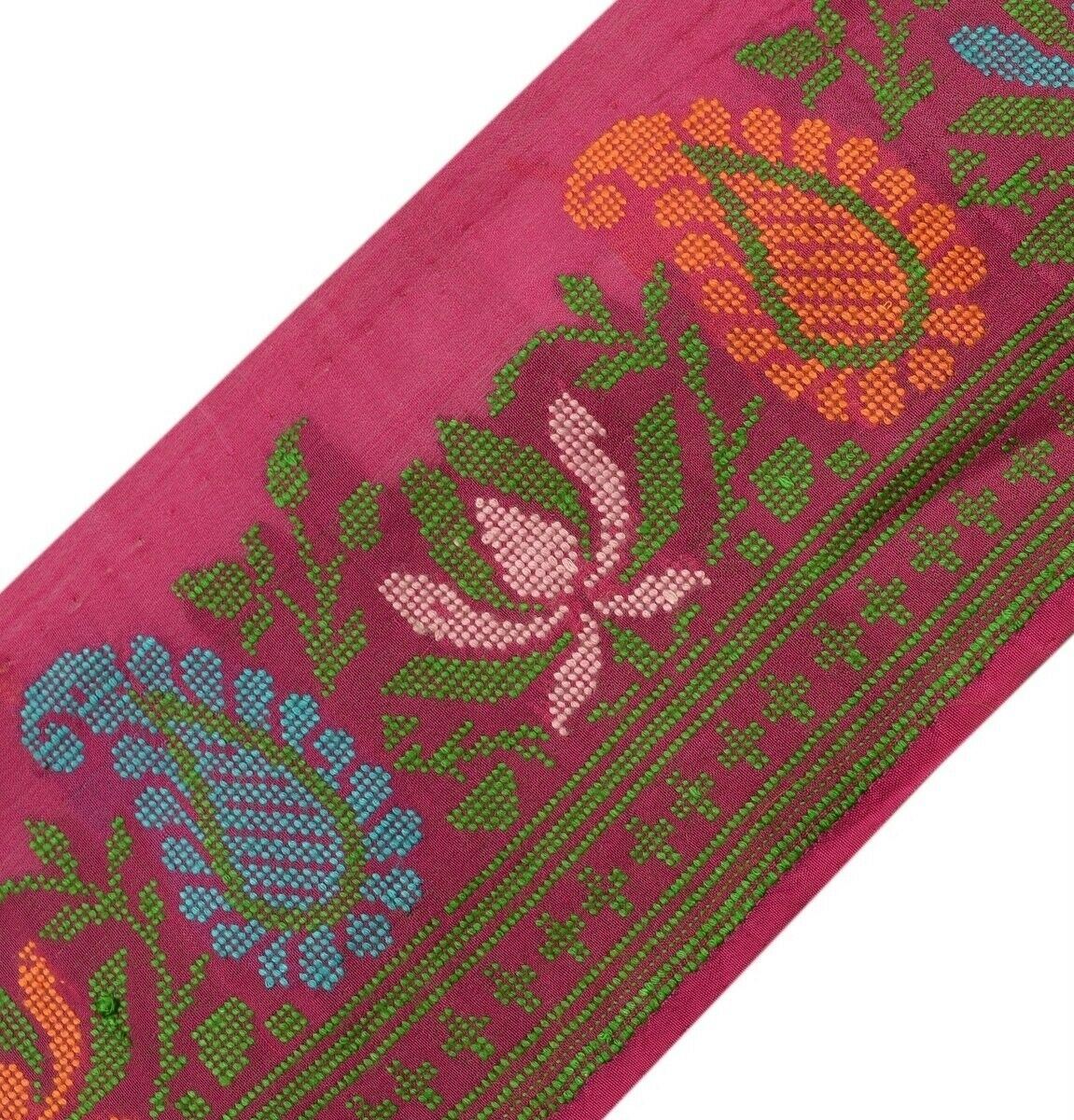 Vintage Sari Border Indian Craft Trim Woven Pure Silk Paisley Lace Magenta