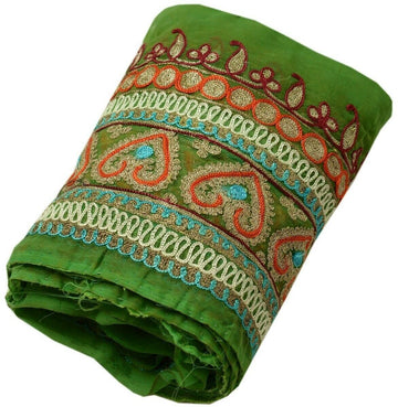 4.75" W Vintage Sari Border Indian Craft Trim Embroidered Green Ribbon Lace