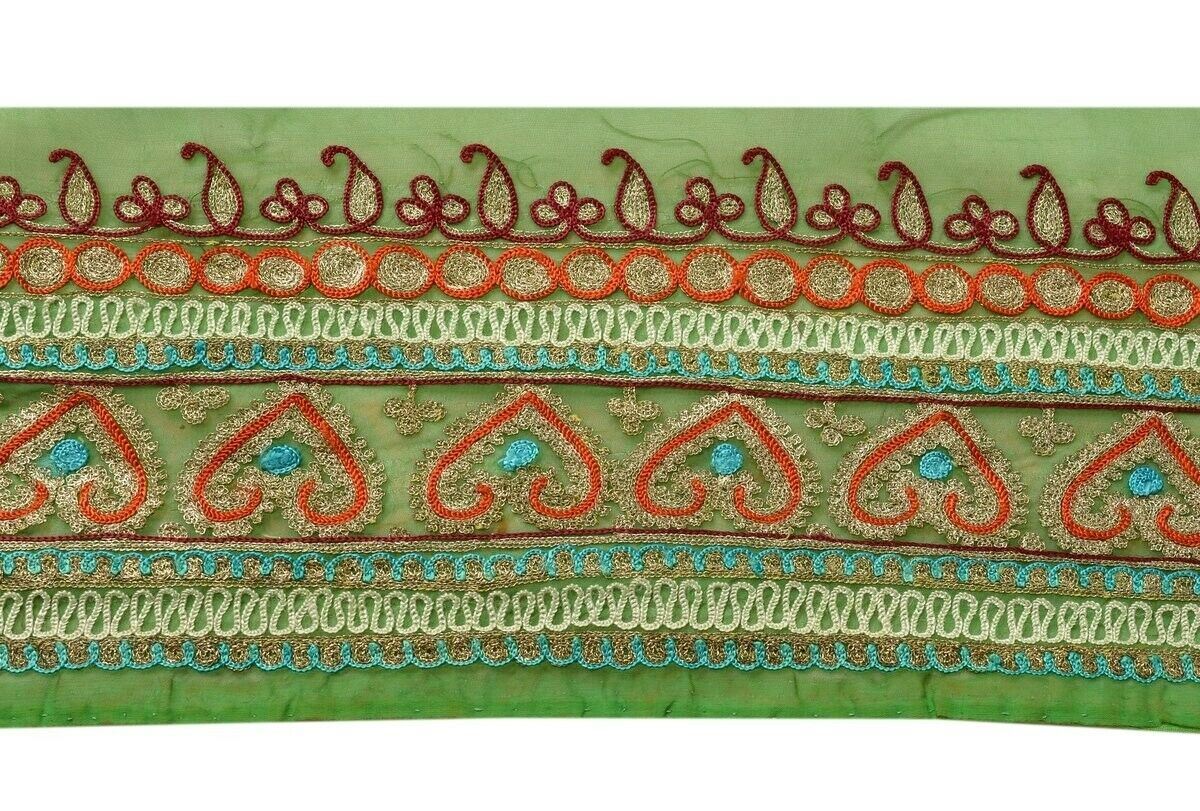 4.75" W Vintage Sari Border Indian Craft Trim Embroidered Green Ribbon Lace
