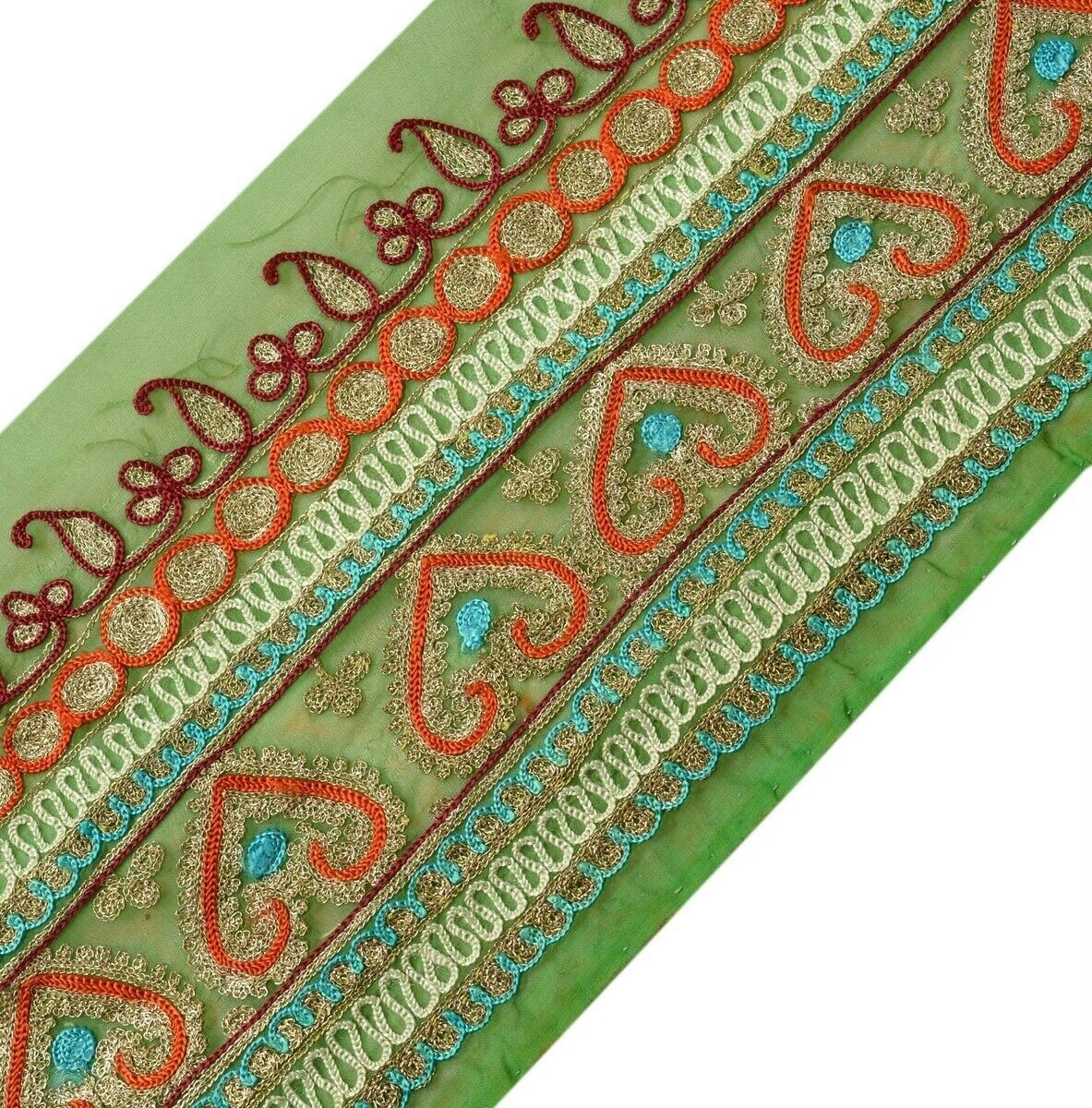 4.75" W Vintage Sari Border Indian Craft Trim Embroidered Green Ribbon Lace