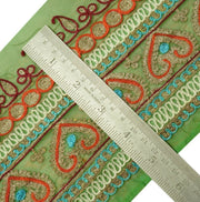 4.75" W Vintage Sari Border Indian Craft Trim Embroidered Green Ribbon Lace