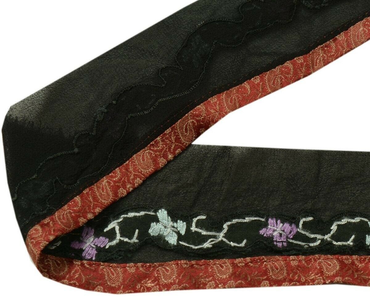 Vintage Sari Border Indian Craft Trim Embroidered Ribbon Lace Black