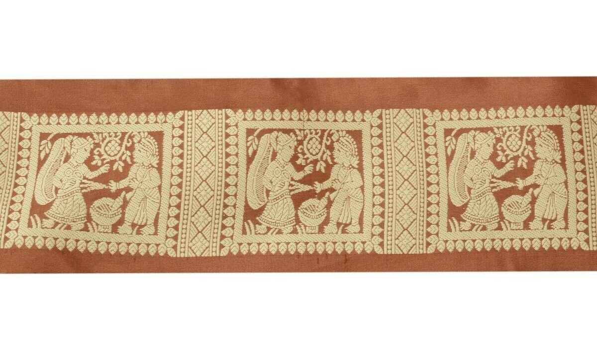 Vintage Sari Border Indian Craft Trim Woven Pure Silk Human Figure Lace Brown