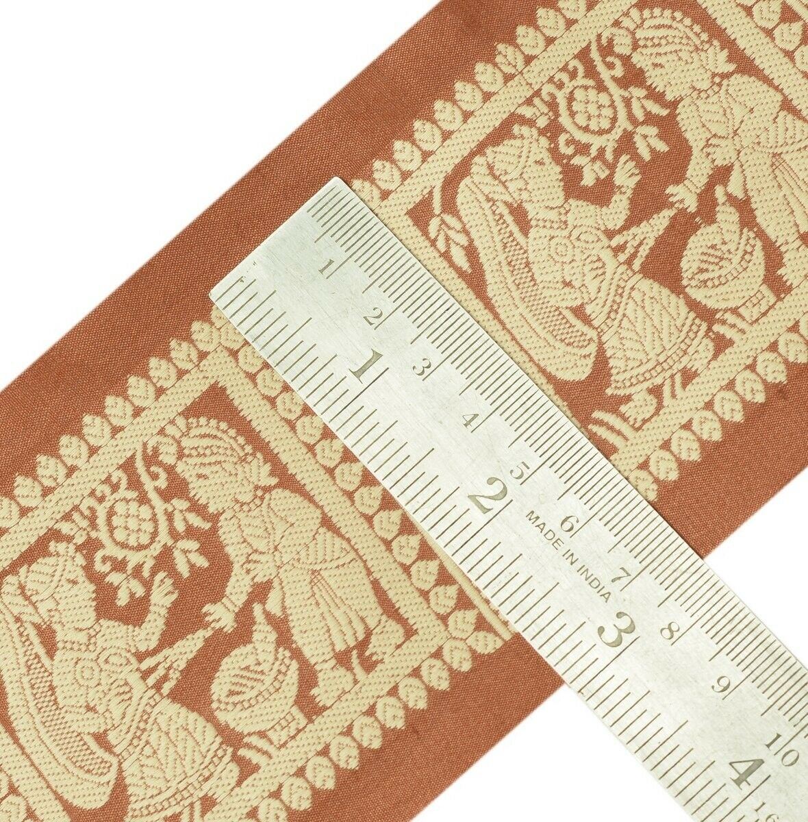 Vintage Sari Border Indian Craft Trim Woven Pure Silk Human Figure Lace Brown
