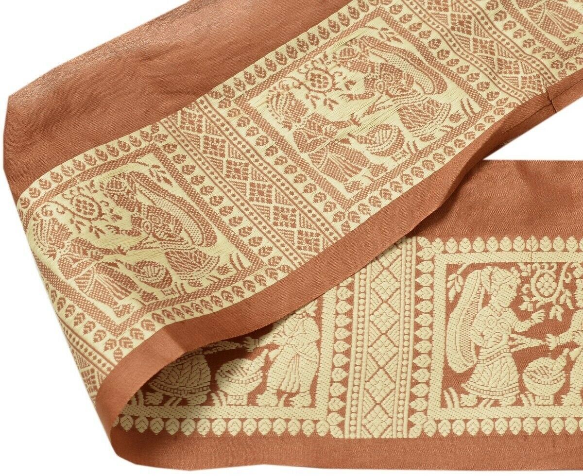Vintage Sari Border Indian Craft Trim Woven Pure Silk Human Figure Lace Brown